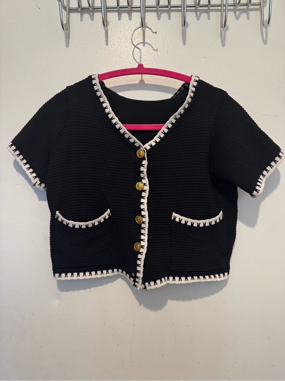Black Cropped Knit Cardigan with White Trim